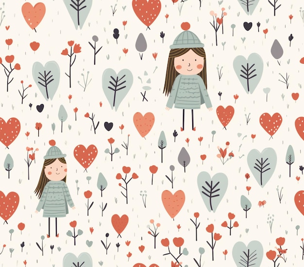 Seamless pattern with a girl and hearts generative ai