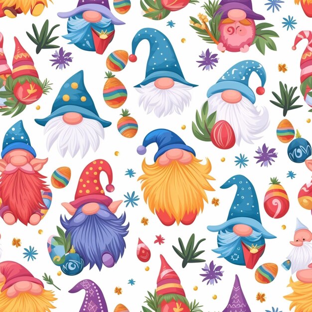 Photo a seamless pattern with gnomes and flowers on a white background generative ai