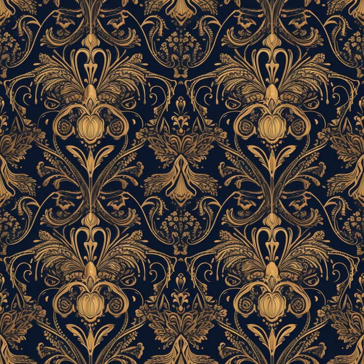 Photo a seamless pattern with gold and black flowers and leaves.