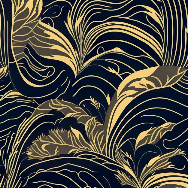 A seamless pattern with gold and black leaves and flowers.