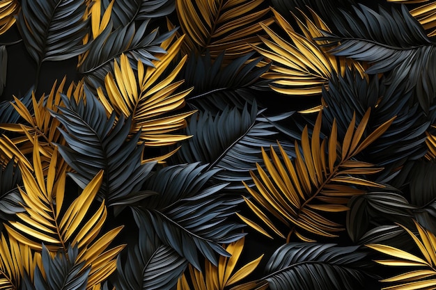 seamless pattern with gold and black tropical palm leaves on dark background Generative AI content