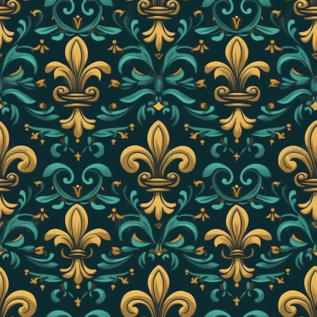 A seamless pattern with gold and blue fleurons on a dark background generative ai