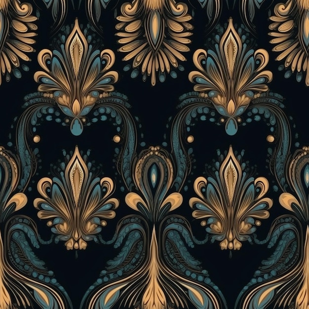 Seamless pattern with a gold and blue floral ornament.