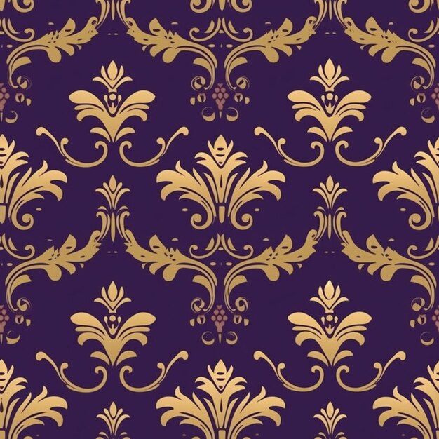 Photo a seamless pattern with gold flowers and leaves on a purple background generative ai