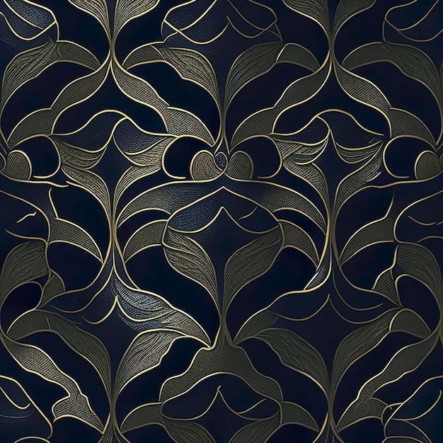 Photo a seamless pattern with gold leaves and leaves on a dark blue background.