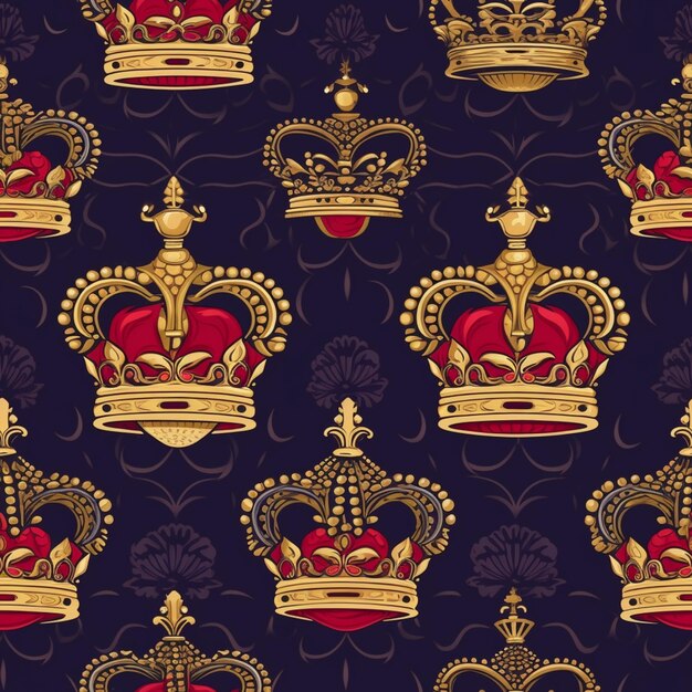 Photo seamless pattern with golden crowns on a dark background generative ai