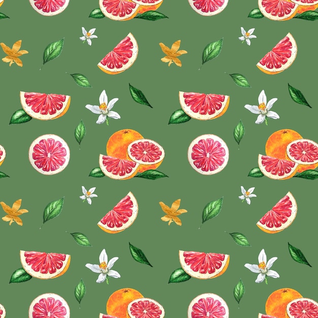Seamless pattern with grapefruit and orange. Watercolor and gold flowers on a green background
