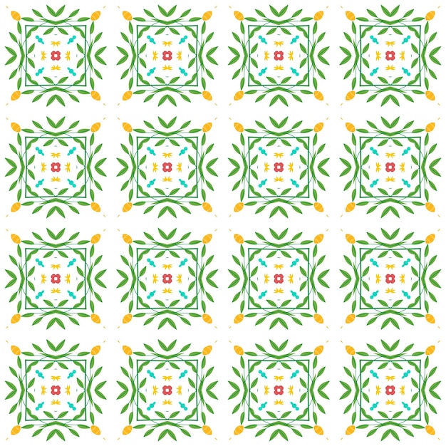 Seamless pattern with green and blue leaves on a white background.