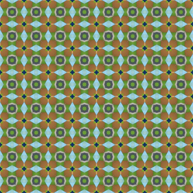 a seamless pattern with a green and brown geometric pattern with a circle and the word kaleidoscope on the bottom.