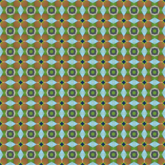 A seamless pattern with a green and brown geometric pattern with a circle and the word kaleidoscope on the bottom.