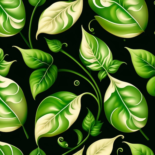 A seamless pattern with green leaves on a black background.