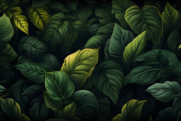 Photo seamless pattern with green leaves on a dark background