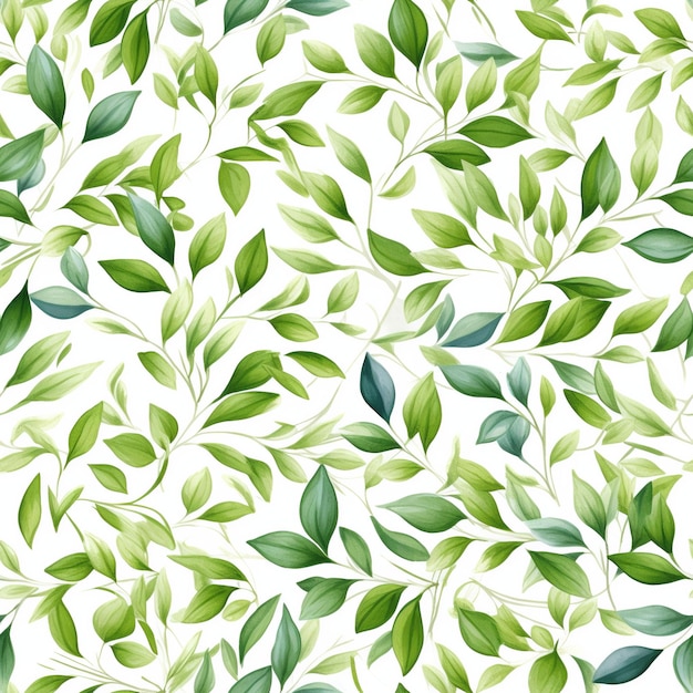 A seamless pattern with green leaves on a white background.