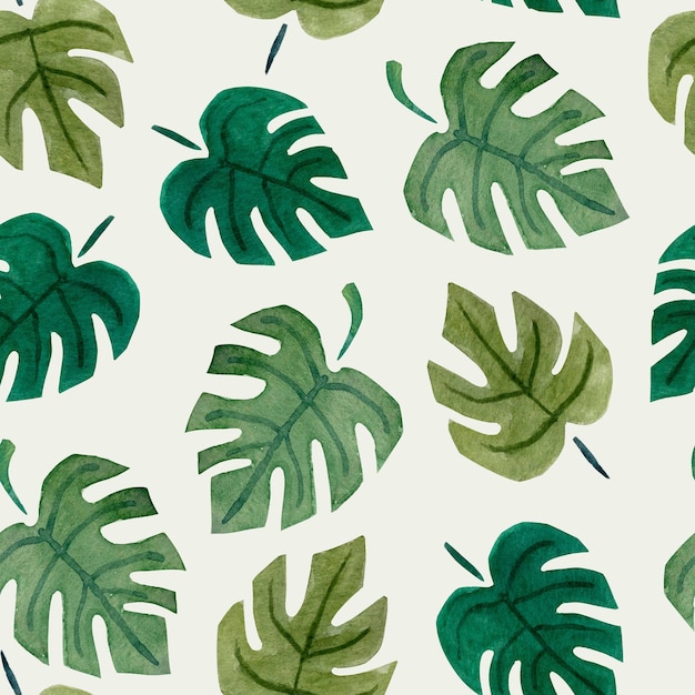 A seamless pattern with green leaves and the words monstera on the bottom.