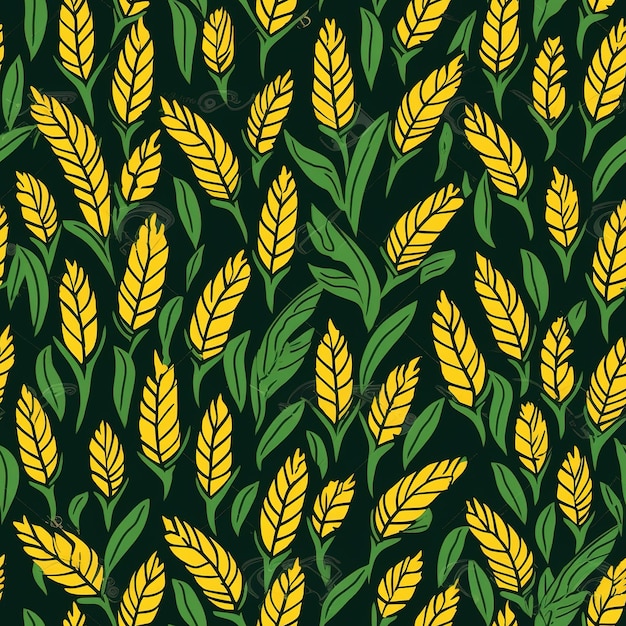 Seamless pattern with green leaves and yellow flowers on a dark background