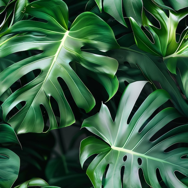 Photo seamless pattern with green monstera leaves photographic background