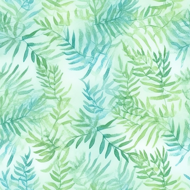 白い背景に緑のヤシの葉とのシームレスなパターン