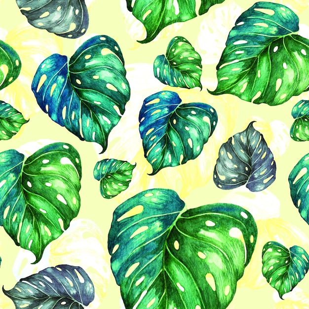 Seamless pattern with green tropical exotic palm leaves  .
