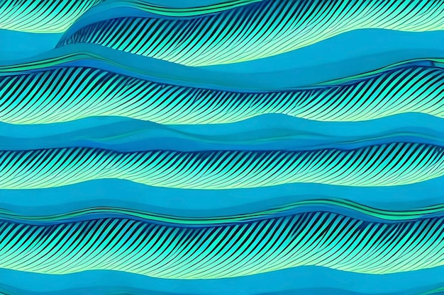 A seamless pattern with green waves and lines on a blue background.