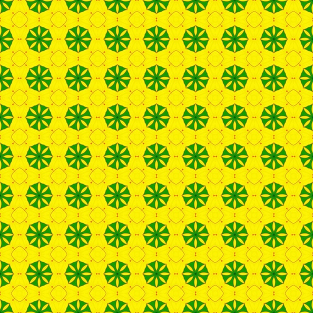 A seamless pattern with green and yellow flowers on a yellow background.