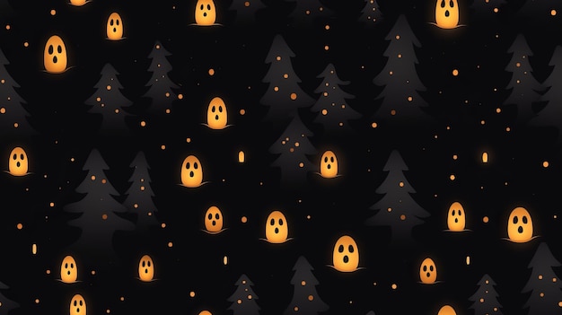 a seamless pattern with halloween ghosts and trees on a black background