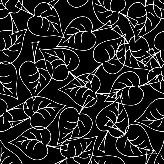 Seamless pattern with hand drawn black and white leaves