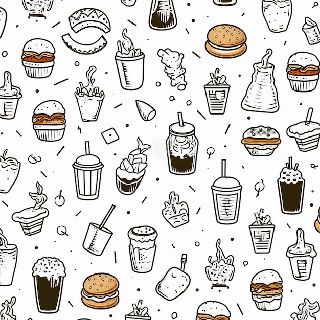 Seamless pattern with hand drawn fast food doodles