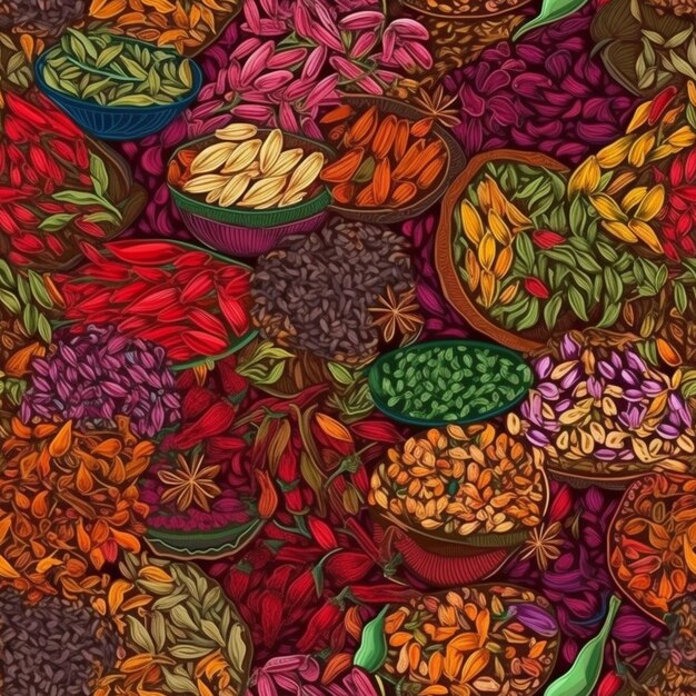 Seamless pattern with hand drawn spices Food background