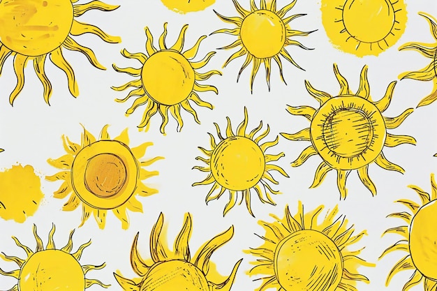 Photo seamless pattern with hand drawn suns on a white background