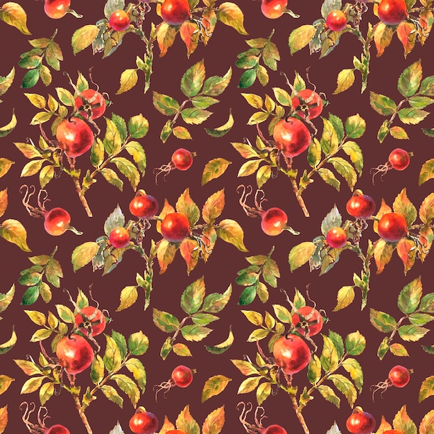 Seamless pattern with hand painted watercolor rose hip berries with green leaves on a brown backgrou