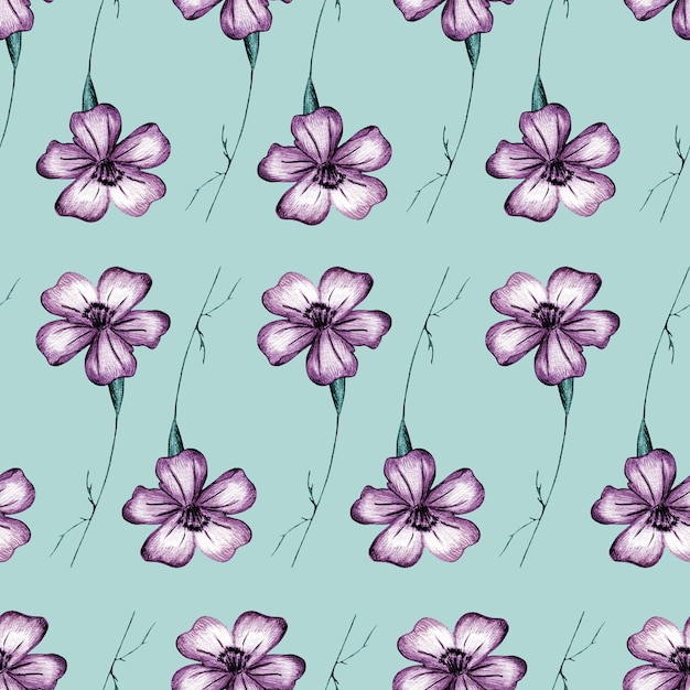 Seamless Pattern with HandDrawn Pink Flower Light Green Background with Thinleaved Lavender Marigolds for Print Design Holiday Wedding and Birthday Card