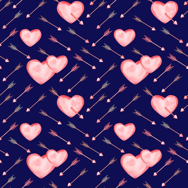 seamless pattern with heart and arrows on a blue background watercolor illustration on the theme of