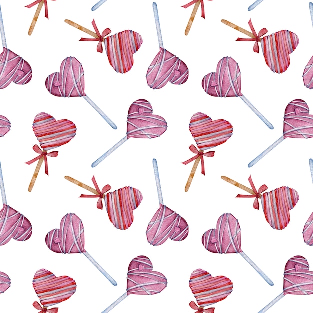 Seamless pattern with heart-shaped lollipops