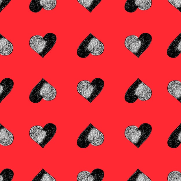 Бесшовный узор с сердечками Ручной рисунок Валентина фон Черные сердца на красном фоне Цифровая бумага, нарисованная цветными карандашами