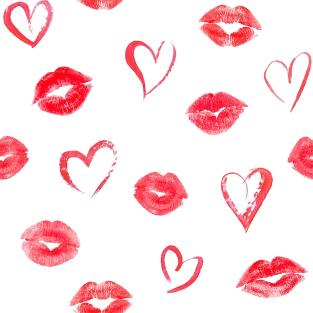 Seamless pattern with hearts and traces pink lips kisses on white surface