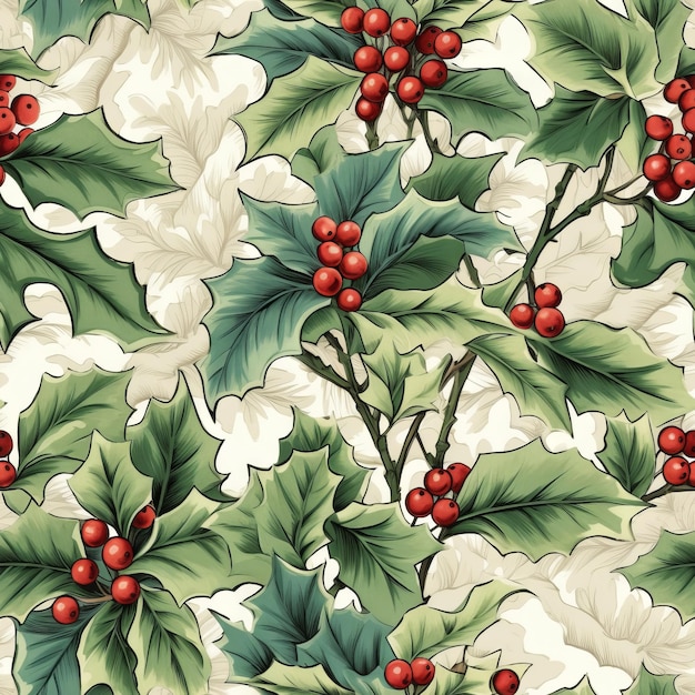 A seamless pattern with holly and berries