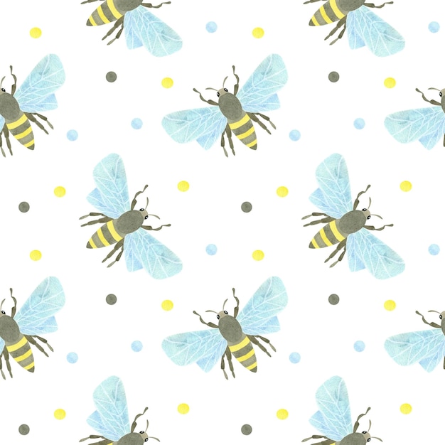 白い背景の水彩画にミツバチと色とりどりの水彩スポットのシームレスなパターン