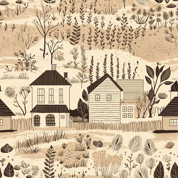 A seamless pattern with houses in a village.
