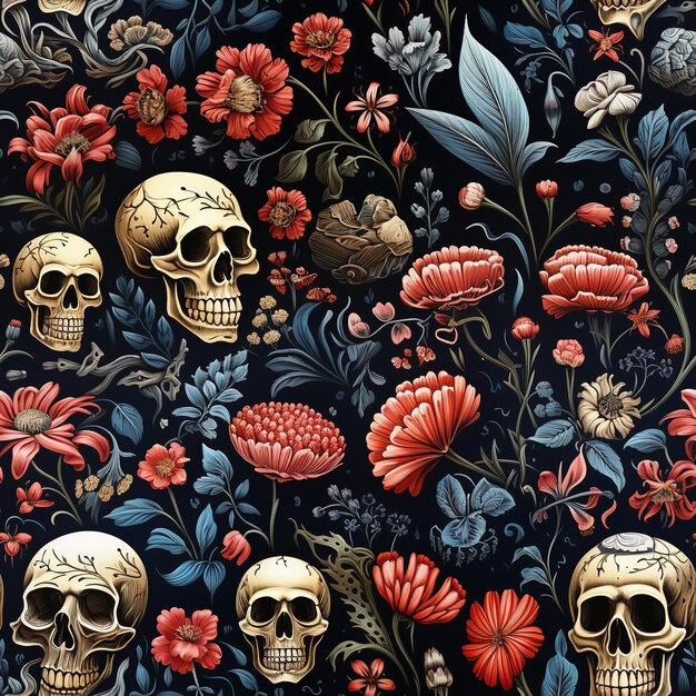 Seamless pattern with human skulls flowers and leaves