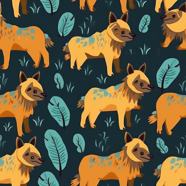 Seamless pattern with a hyena in blue colors.