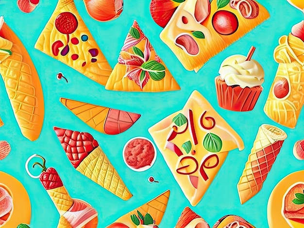 Photo seamless pattern with ice cream and fruit on blue background