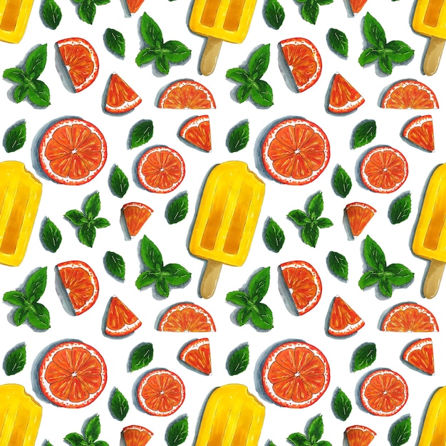 Seamless pattern with ice cream, mint and oranges on white background