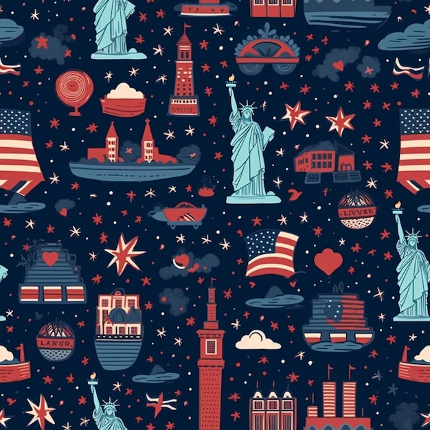 A seamless pattern with the image of the statue of liberty and the american flag.
