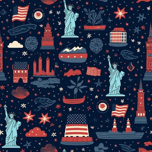 Seamless pattern with the image of the statue of liberty and usa.