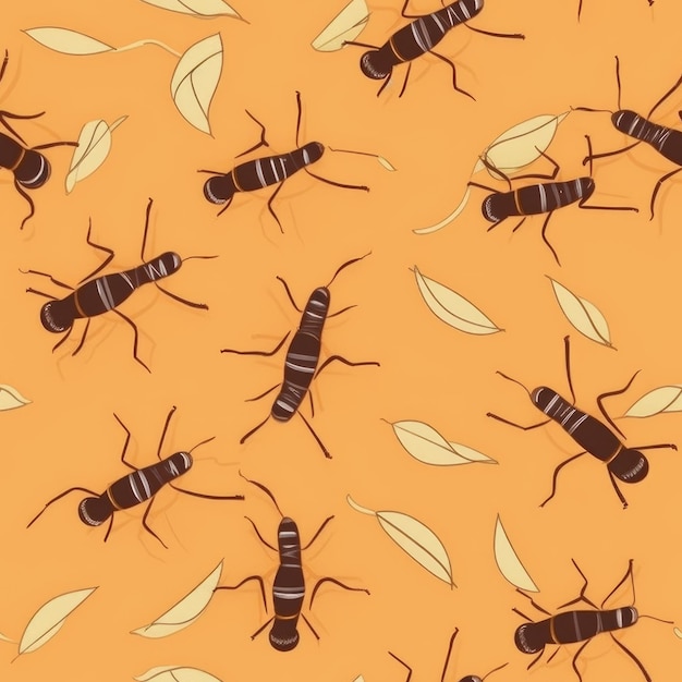 Seamless pattern with insects on an orange background.