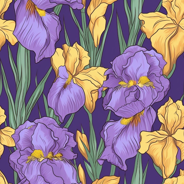 Photo seamless pattern with iris flowers on a purple background generative ai