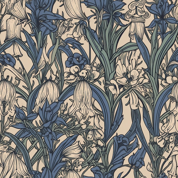 A seamless pattern with irises and other flowers.