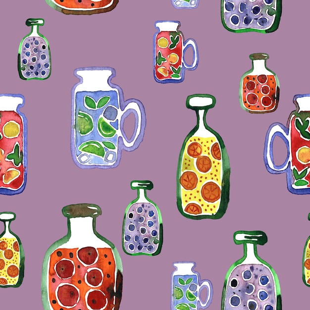 Seamless pattern with jam glasses Hand painted watercolor background