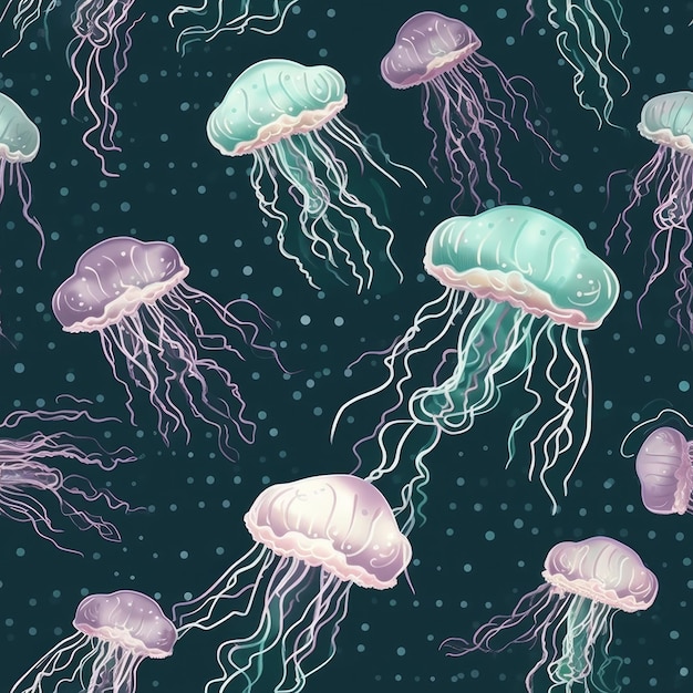 Seamless pattern with jellyfish on a dark background.