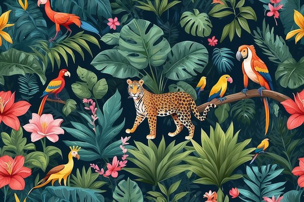 Photo seamless pattern with jungle animals flowers and trees vector